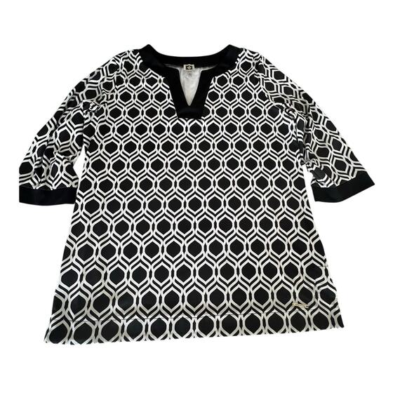 Anne Klein Black & White Geometric Print Tunic Blouse Stretch Knit Woman Size XL - Picture 4 of 9